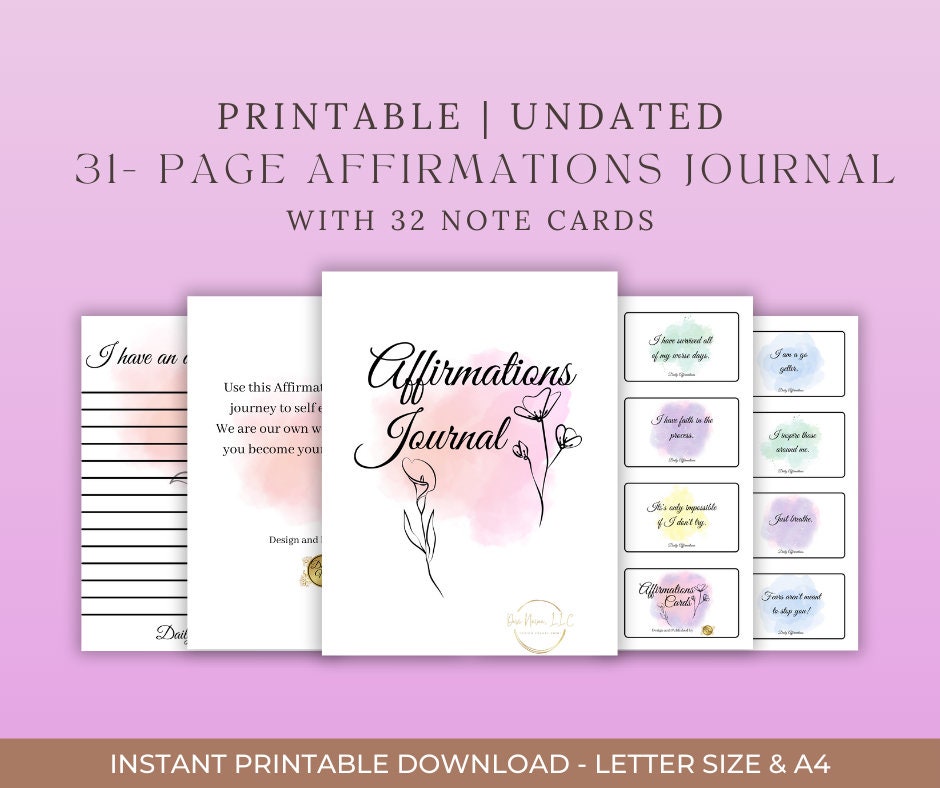 Davi Nevae Creates- Instant Downloads- Affirmation Journal and Cards Printable,